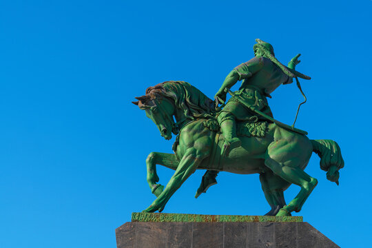 Ufa, Republic of Bashkortostan, Russia - February 15, 2021: Monument to the national hero of Bashkortostan Salavat Yulaev. Member of the Peasant War of 1773-1775. Sculptor Soslanbek Dafaevich Tavasiev