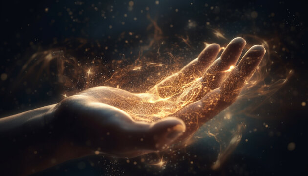 Glowing hand holds flame, symbolizes spirituality generated by AI
