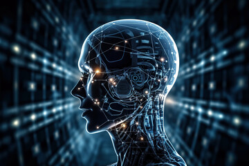 Side view of Generative AI image of artificial intelligence as android with neural network brain and face of cyber mind reflecting on black background