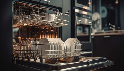 Clean crockery and silverware in stainless steel dishwasher generated by AI - obrazy, fototapety, plakaty