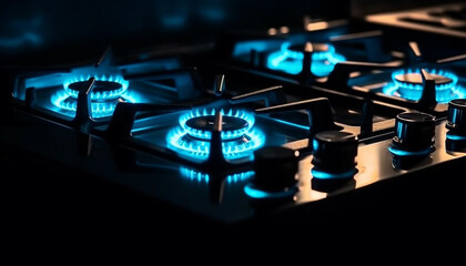 Fototapeta na wymiar Blue flame on stove top heats food generated by AI