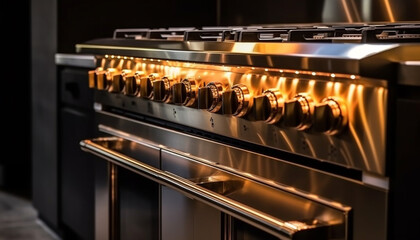 Modern stainless steel stove top reflects glowing elegance generated by AI