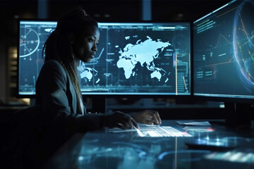 Generative AI image of side view of black female analyst sitting at desk with glowing control and observing large monitor displaying changing statistics in research room