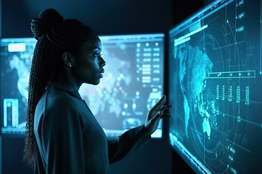 Generative AI image of side view of black female researcher standing in front of large monitor displaying world map with statistics and observing changing environment details