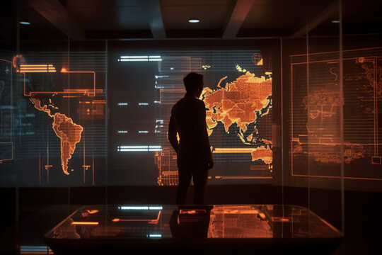 Generative AI image of back view of unrecognizable male standing in research room with large computer monitors while observing Asia South America continents in glowing colors and changing statistics