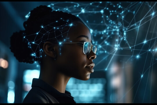 Generative AI image of side view of African American female in eyeglasses looking away while neural network thinks in blue neon lights connecting dots against blurred background