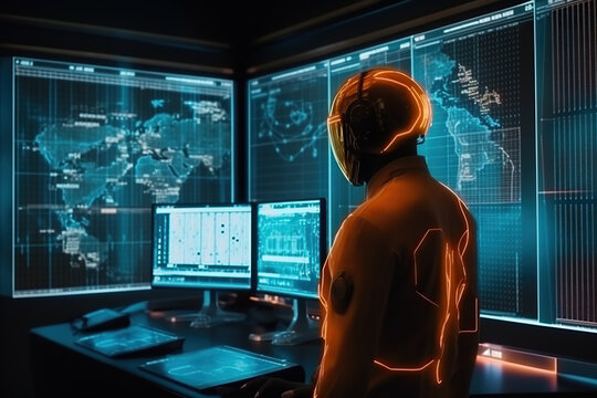 Generative AI image of back view of unrecognizable futuristic astronaut in helmet and suit standing near desktops and large monitors and observing maps and statistics in dark research room