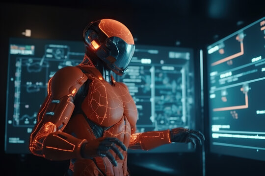 Generative AI image of futuristic unrecognizable spaceman in helmet and suit sitting while working in dark research room with large monitors and displaying statistics