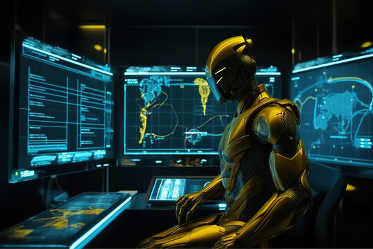 Generative AI image of side view of unrecognizable futuristic astronaut in helmet and suit standing near desktops and large monitors and observing maps and statistics in dark research room