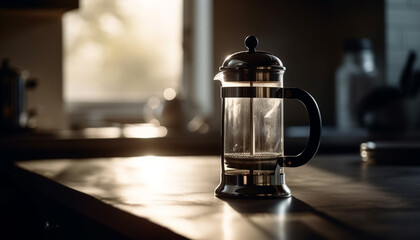 Fresh coffee in metallic mug on wooden table generated by AI
