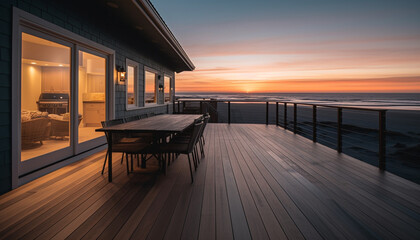 Wooden table on balcony overlooks tranquil seascape generated by AI