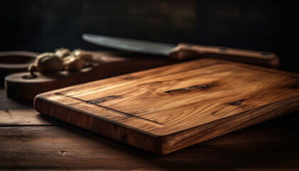 Rustic cutting board on old wooden table generated by AI