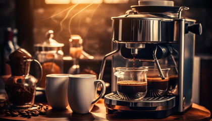 Barista making frothy cappuccino on rustic table generated by AI