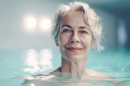 Generative AI image of smiling aged woman with white hair looking at camera while swimming in pool