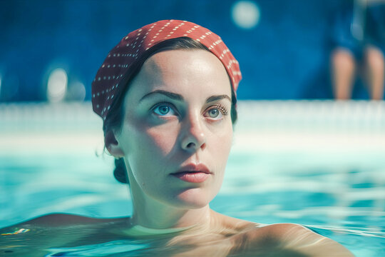 Generative AI image of young woman with green eyes and red headscarf looking away while swimming in pool