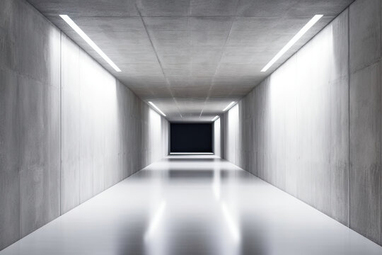 Generative AI image of empty space in spacious corridor with gray floor and walls surrounded by glowing lights