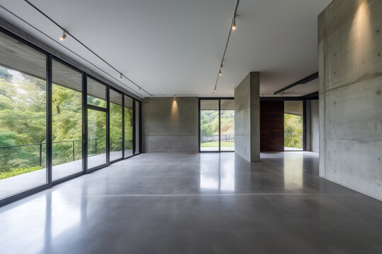 Generative AI image of spacious empty corridor in contemporary building with large windows and doors against gray walls