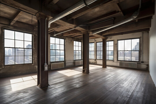 AI generating illustration of an old empty room with wooden floor and columns around it with cement walls and large windows all around