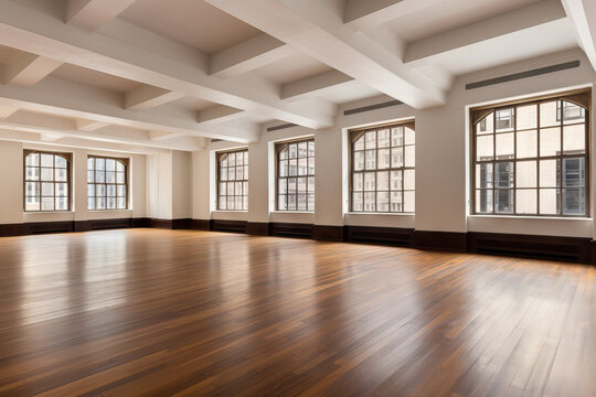 AI-generating illustration of a modern empty room with wooden floor surrounded by large windows overlooking the city
