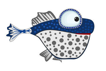 Cartoon fish isolated on white background. Cute kawaii colorful aquarium or sea animal. Blue gray tropical fish. Ocean, lake or river funny creature. Marine life sticker. Stock vector illustration