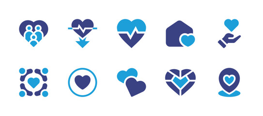 Heart icon set. Duotone color. Vector illustration. Containing heart, heart rate, home sweet home, love, solidarity, gem, location.