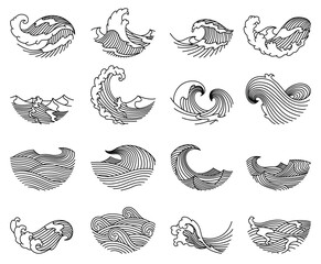 Oriental waves icons japan. Stylized ocean wave curls, japan style tsunami, sea swirls graphics collection. Oceanic water asian decorative ornamental splashes elements. Art vector illustration © designer_things