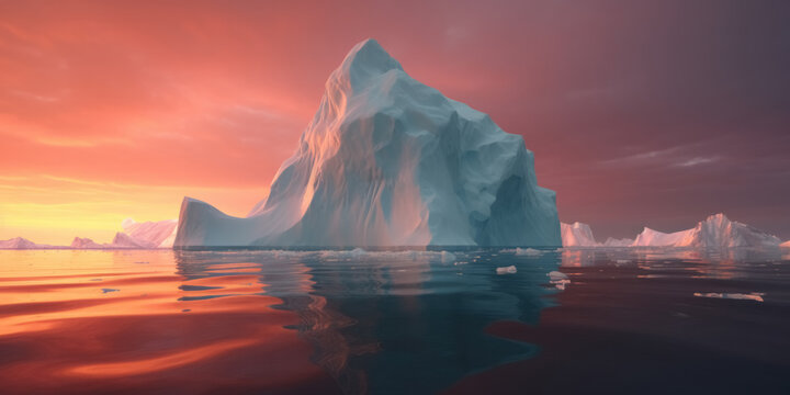 Generative AI illustration of icebergs reflecting in calm sea water under bright colorful sky during sunset