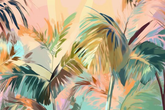 Lush tropical flora, palm trees in trendy pastel hues, ideal for textured background, cover, card or wallpaper. Artistic pattern painted in watercolour. Generative AI digital illustration.