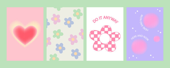 Vector flat illustration. Posters in trendy style with geometric shapes, flowers, hearts and gradient elements. Modern minimalist print. Perfect as a pattern, textile design and home decor.