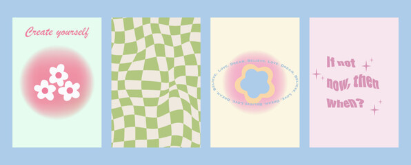 Vector illustration. Posters in trendy style y2k with checkerboard, flowers, gradient and lettering. Modern minimalist print. Perfect as a background pattern, textile design and home decor.