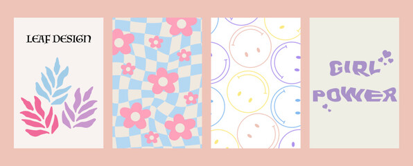 Vector illustration. Posters in trendy style y2k with checkerboard, leaves, flowers and emoticons. Modern minimalist print. Perfect as a background pattern, textile design and home decor.