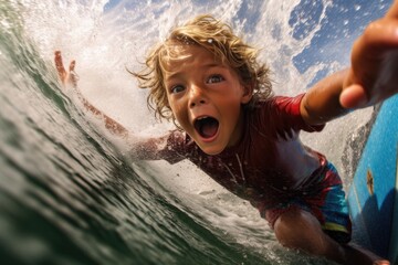 Close portrait with action camera of the boy on the surfing board smiling to the camera with funny head, generative ai. - obrazy, fototapety, plakaty