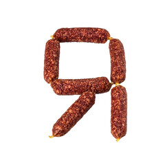Sausages for beer in the shape of the letter I, isolate on a white background.