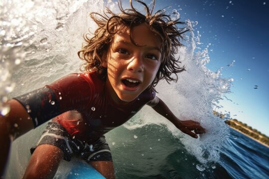 Close portrait with action camera of the boy on the surfing board smiling to the camera with funny head, generative ai.