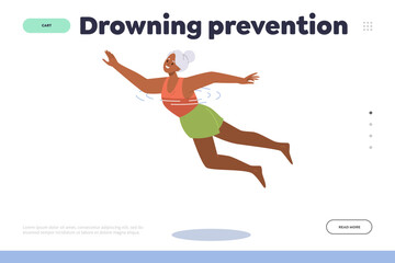 Fototapeta na wymiar Drowning prevention landing page with flat cartoon active old mature woman character swimming
