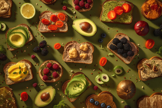 An Artistic Seamless Background Featuring a Perfect Food Pairing with red fruits, Avocado, bread, and Tomatoes