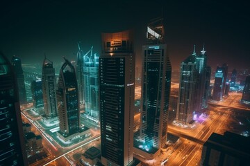 Timelapse of Dubai financial district at night with futuristic skyscrapers. Generative AI