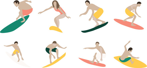 Fototapeta premium Surfing people on transparent background. elements, images, clip art, surf, surfs, summer, people, beach, vector. transparent.