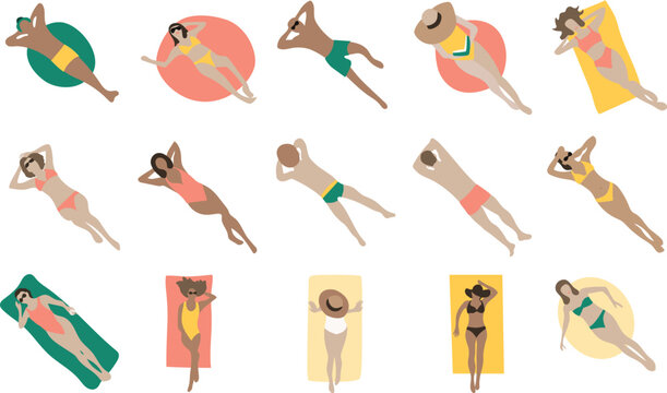 sunbathing people on transparent background. vector, image, clip art, elements, beach. holiday vacation, relaxing people. women men. relaxing on inflatable, blanket.