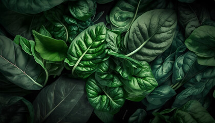 Fototapeta premium Top view on fresh organic spinach leaves. Healthy green food and vegan background.