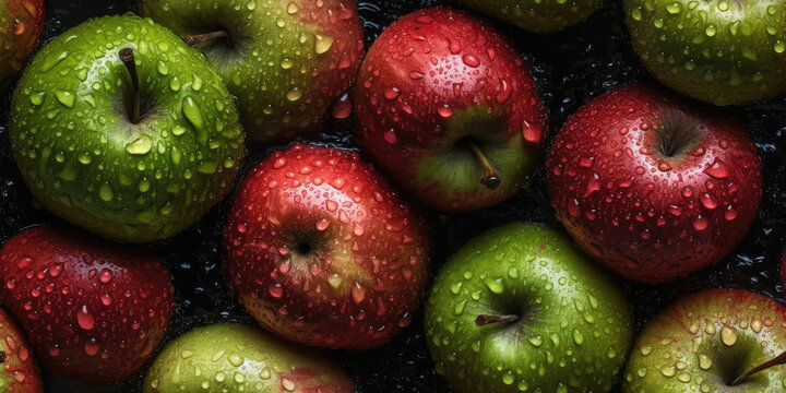 Juicy Orchard. Seamless background of fresh apples adorned with glistening drops. Pattern image with tileable possibilities. AI Generative