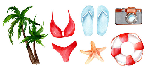 set of watercolor hand-drawn illustrations on a marine theme. Swimsuit, beach flip flops, shells, starfish, palm tree