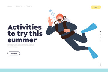 Activities to try this summer concept for landing page template with young scuba diver character