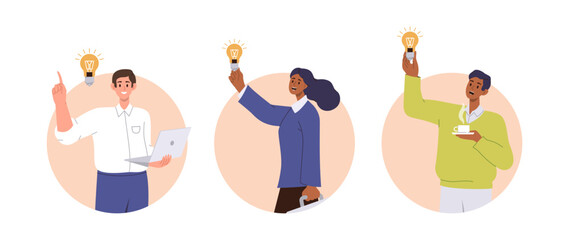 Happy business people characters having brilliant idea finding solution set of round icon frame