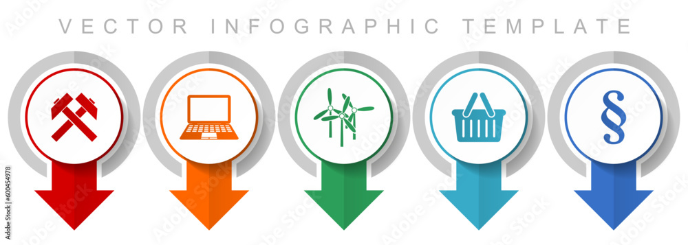 Poster commerce icon set, miscellaneous pointer icons such as mining, laptop, wind turbine, shop basket and