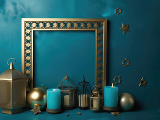 Photo of Hanukkah celebration on blue background with golden and turquoise lanterns and frame for text