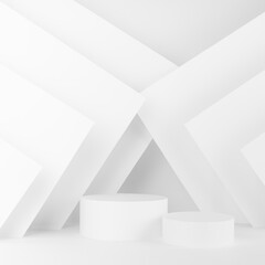 White abstract scene with two cylinder podiums, mockup for presentations of cosmetic products, goods, design, sale with soft light lines, corners in futuristic minimalistic geometric style, square.