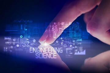 Finger touching tablet with web technology icons concept