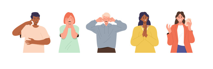 Set of different happy and unhappy people characters in tears crying feeling various emotions