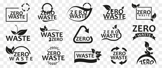 Zero waste logo emblem collection. Set of zero waste icons. Black zero waste symbol